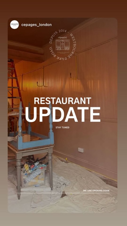 Restaurant interior under renovation with "RESTAURANT UPDATE" and "WE ARE OPENING SOON" overlay text.