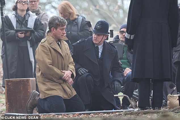 Filming was taking place last week on Hampstead Heath in north London. Macfadyen, 51, was spotted looking downcast as he filmed scenes (pictured) with a policeman