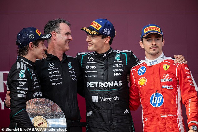 The British driver (second from right) started on pole but exchanged the lead with Ferrari’s super fast-starting Charles Leclerc (right)