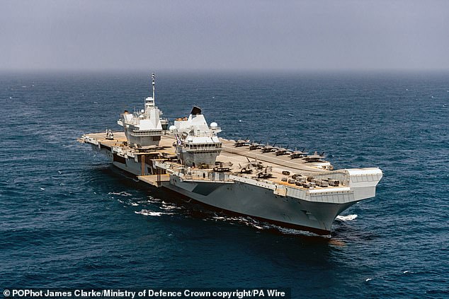 It comes after it was revealed on Saturday the Royal Navy is preparing HMS Prince of Wales (pictured, file photo), one of its two aircraft carriers, for potential deployment to the Middle East