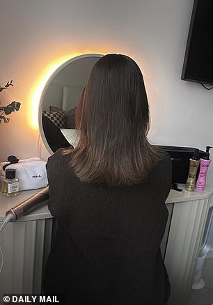 My hair is pictured before (left) and after (right) using the round brush attachment