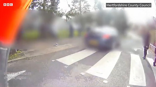 The crossing guard could be heard shrieking as the car burst through beside her