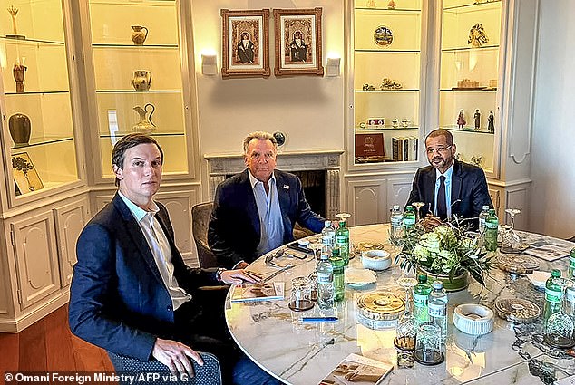Jiang also argued that Trump's son-in-law Jared Kushner has ties to Israel and Saudi Arabia. Kushner (left) is pictured above in December with US special envoy Steve Witkoff (middle) and Foreign Minister Badr Albusaidi (right) during negotiations in February in Geneva