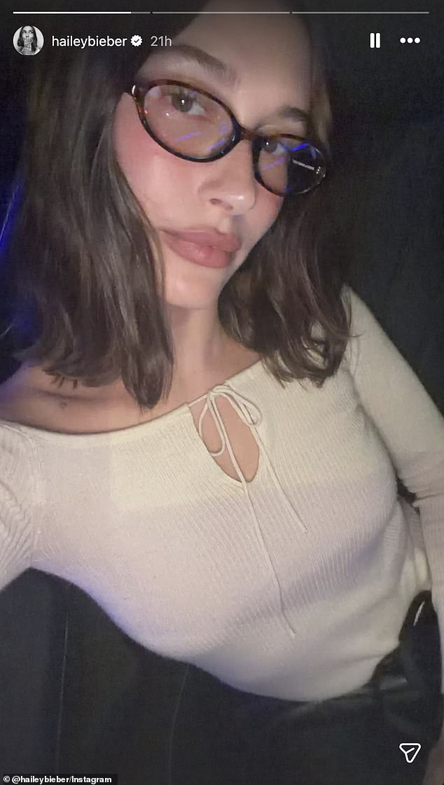 Earlier in the evening Hailey appeared to be in good spirits as she took to Instagram to share a closeup selfie from inside a car