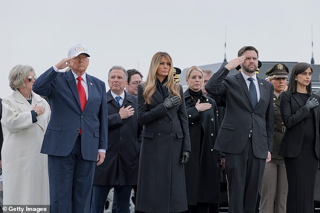 Donald Trump, First Lady Melania Trump, and Vice President JD Vance are seen at the dignified transfer ceremony on Saturday, along with other Trump cabinet members