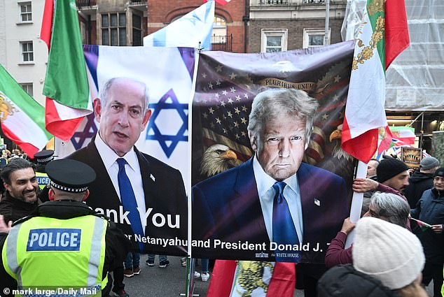 Iranian, American and Israeli flags were waved as the protestors marched through the capital towards Kensington