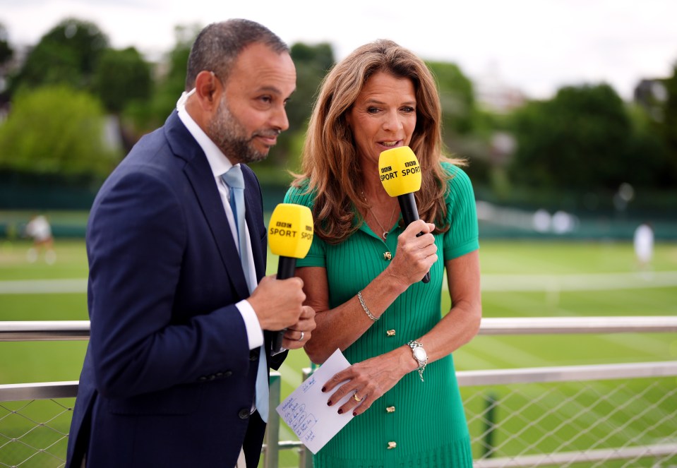 Rishi Persad and Annabel Croft presenting for BBC Sport at Wimbledon.