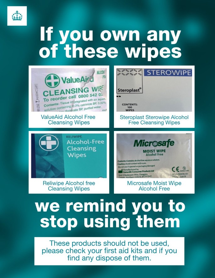 Collage of four alcohol-free cleansing wipe packages, with text stating they should no longer be used.