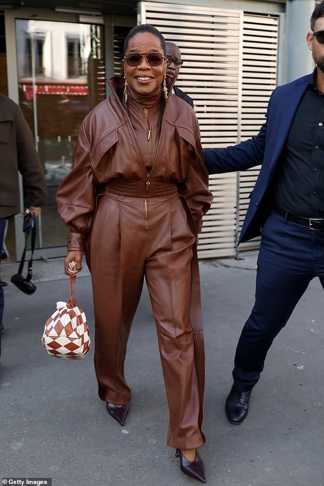 Chappell wasn't the only one to push fashion boundaries. Oprah Winfrey (pictured), 72, decided to entirely wrap herself in coffee-coloured leather for the Zimmermann show on Monday