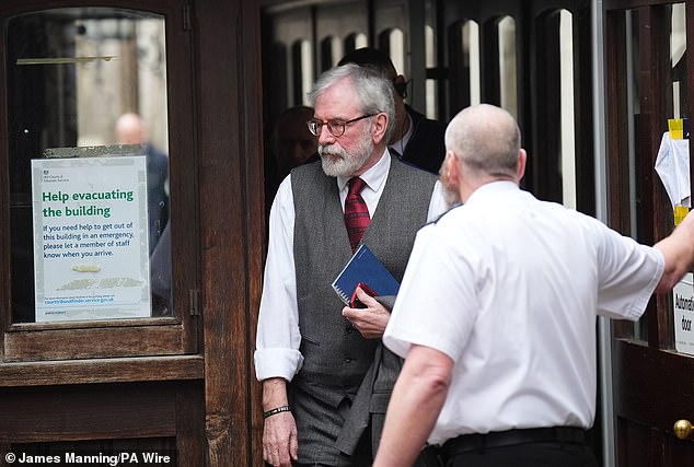 The former Sinn Fein president - seen here arriving at the Royal Courts of Justice - is being sued by three victims of IRA bombings on the British mainland