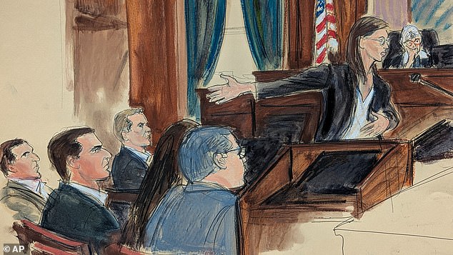 In this courtroom sketch, assistant US Attorney Madison Smyser gestures to Alon Alexander, Oren Alexander and Tal Alexander