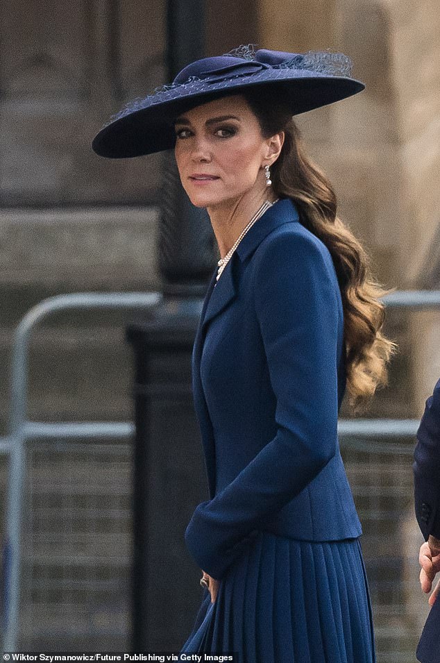 Kate, 44, lit up the grey skies in a cobalt coatdress from one of her favorite designers ¿ Catherine Walker ¿ on Monday, as she joined her husband, Prince William, and other members of the royal family at Westminster Abbey