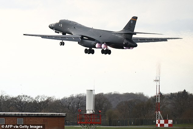 A US Air Force B-1 Lancer bomber takes off from RAF Fairford in south-west England on March 10