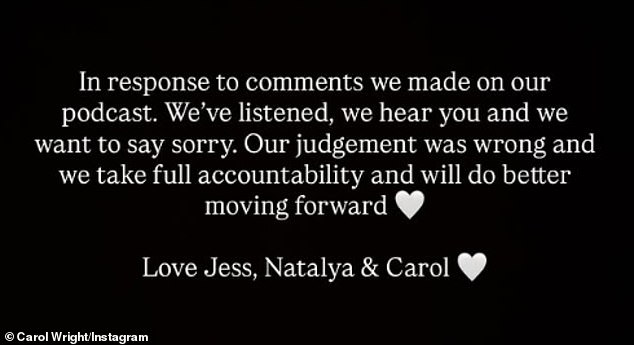 Carol has since apologised for her comments, while the discussion - branded 'degrading and disrespectful' by furious listeners - has been hastily removed from their social media channels