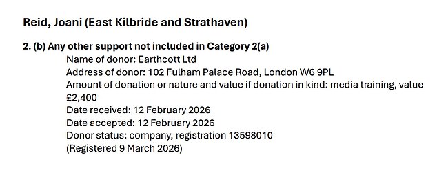 Ms Reid received the gift from Earthcott Ltd on 12 February, according to her latest register of interests