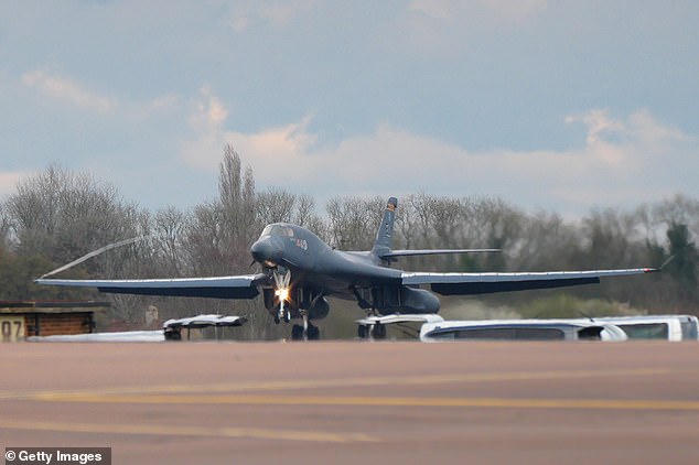 A US Airforce B-1 bomber comes in to land earlier on Tuesday at RAF Fairford