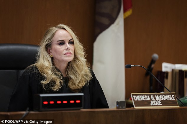 The Los Angeles DA announced in his press conference that Judge Theresa McGonigle had set Ortiz's bail at $1,875,000; Judge McGonigle is pictured Tuesday during the arraignment at LA's Clara Shortridge Foltz Criminal Justice Center