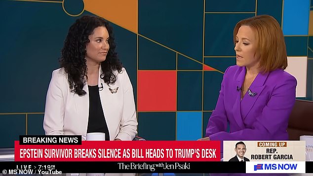 Last November, Sharlene Rochard (left) fell silent for several seconds during an interview on US television after MS NOW host Jen Psaki (right) asked her about Donald Trump