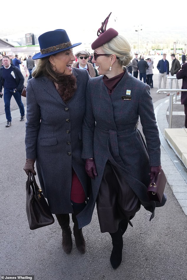 Carole, 71, and Zara, 44, were twinning in nearly-identical grey coats as Zara finished her Ladies Day outfit with a burgundy blouse , dark brown skirt and black suede boots
