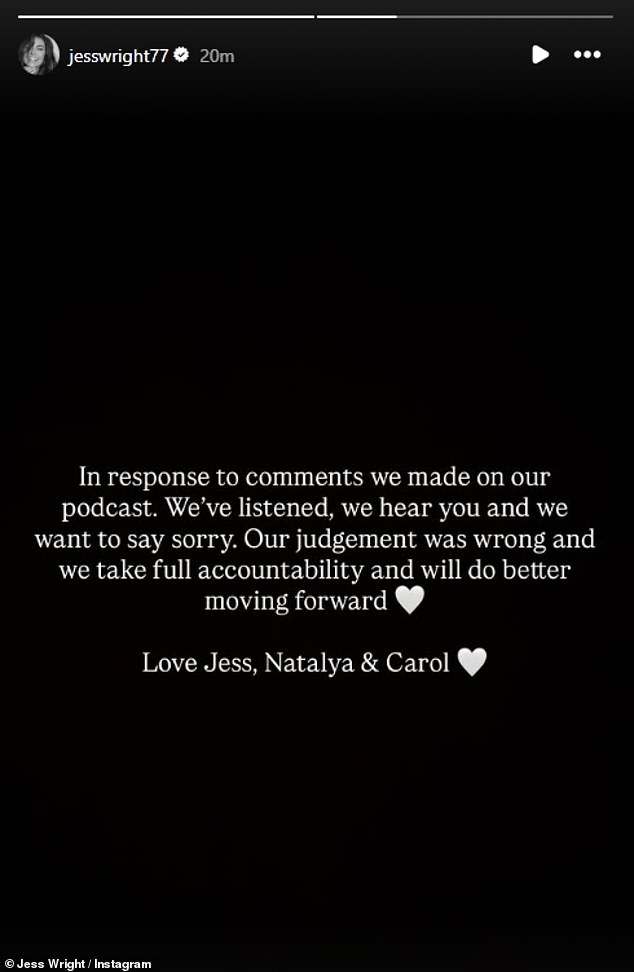 On Tuesday, Jess issued a heartfelt apology for the comments made about women wearing thong bikinis on her Wright At Home podcast
