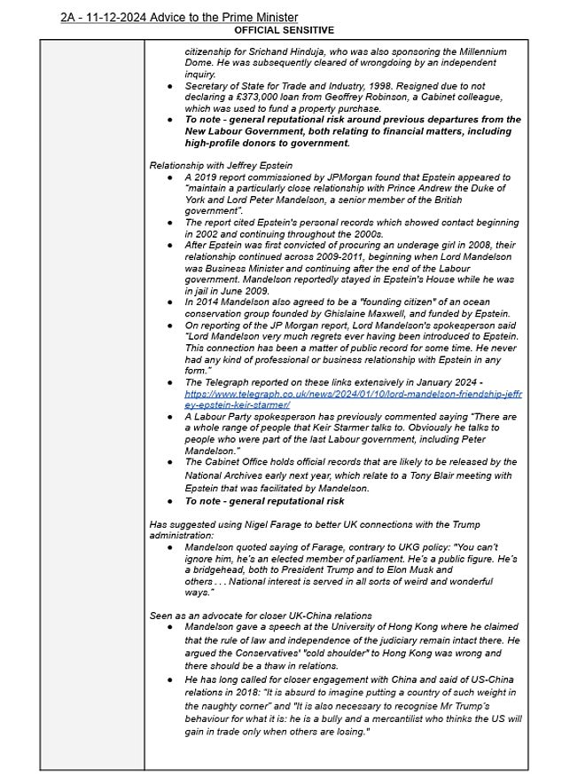 A three-page 'due dilligence' report supplied to Sir Keir on December 11 flagged the ties between Mandelson and Epstein