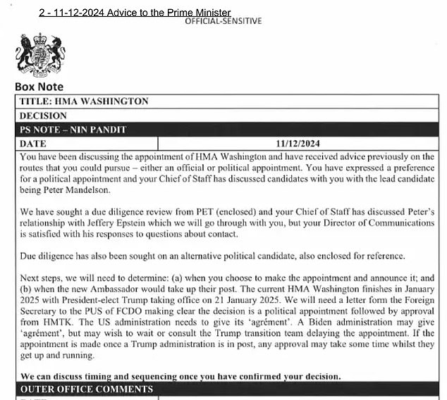 A note written by a senior No10 aide revealed that the Director of Communications had been 'satisfied' with Mandelson's responses about his contact with Epstein