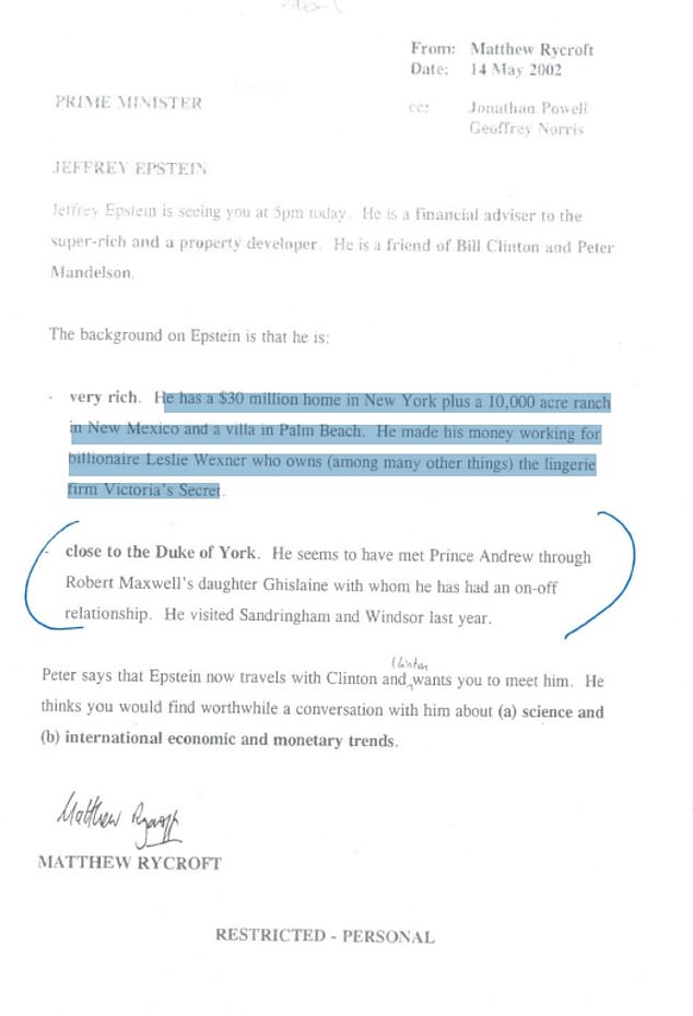 A week later, on 14 May 2002, an email to Sir Tony Blair himself advised the then-PM on his meeting with Epstein 'at 5pm today'