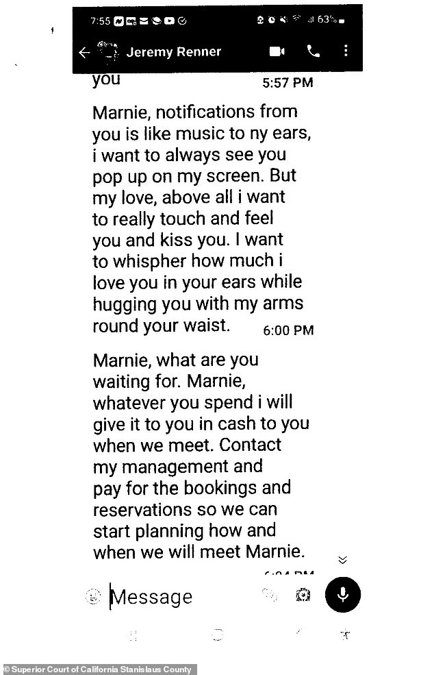 Reeves claimed she received romantic messages from who she believed was Renner (pictured), which reads in part: 'I want to really touch and feel you and kiss you'