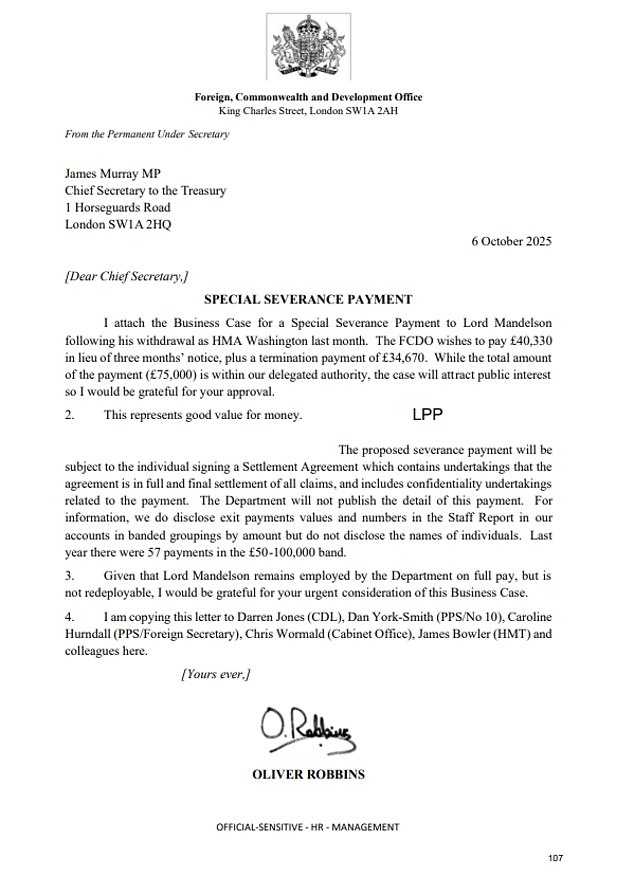 Documents show the Labour grandee was handed a £75,000 payoff when he was sacked as US ambassador over his friendship with paedophile Jeffrey Epstein