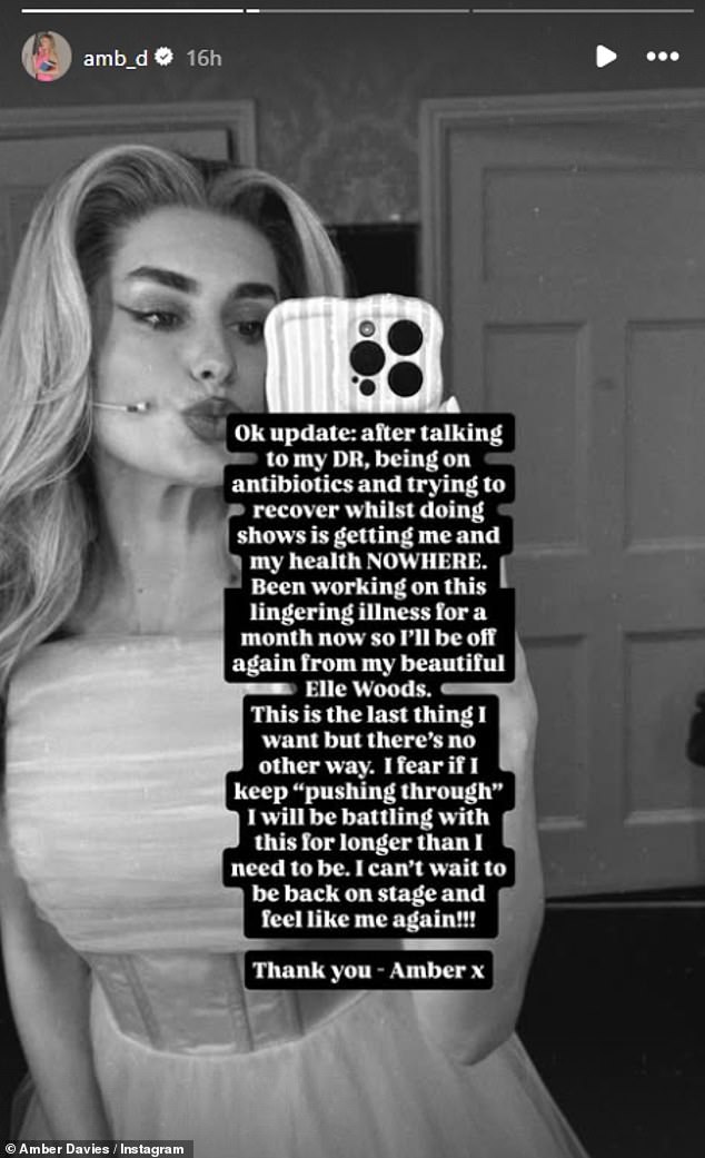 Taking to Instagram after the performance, Amber gave fans a health update, in which she confessed that her appearance in The Great Gatsby, her last-minute call-up to Strictly and her immediate start in Legally Blonde had affected her health