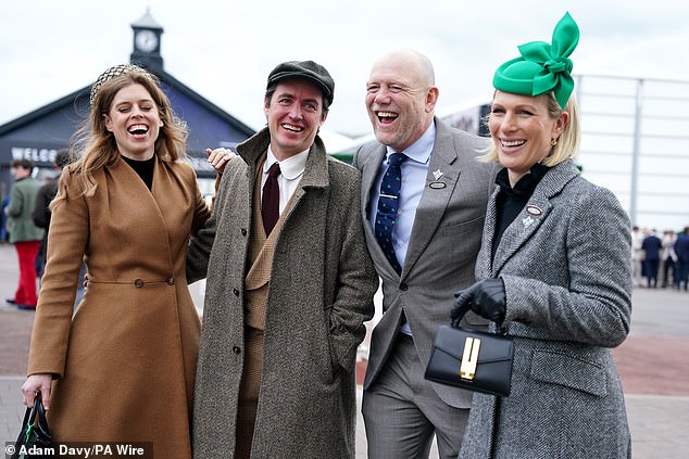 Princess Beatrice (left) with husband Edoardo Mapelli Mozzi, alongside Mike Tindall and Zara Tindall (right) on day three of the 2024 Cheltenham Festival