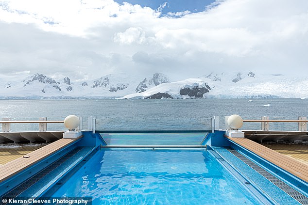 The ship boasts a heated swimming pool, two outdoor hot tubs and a sauna where guests can relax