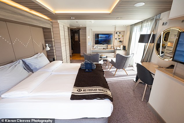 Those who upgrade to a suite (pictured) can also enjoy signature drinks, as well as unlimited reservations in Lindstrom – their on-board fine dining restaurant