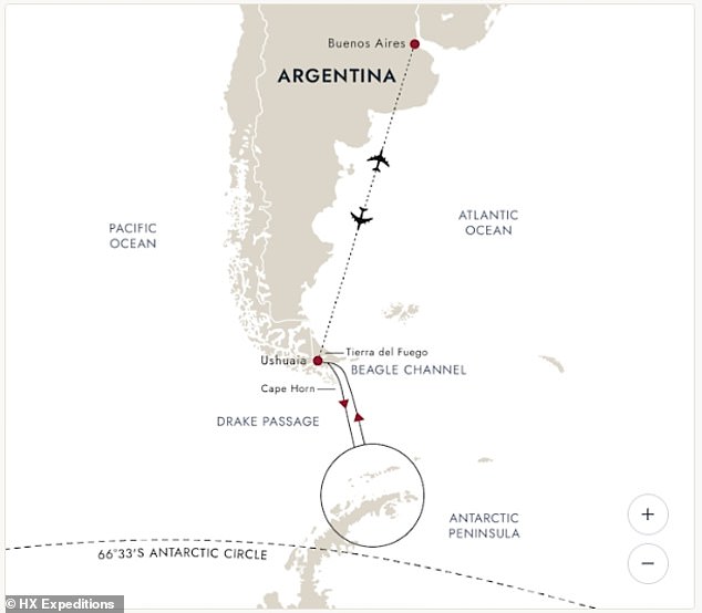 This maps shows the route for the 'Highlights of Antarctica - flights included' excursion with HX Expeditions