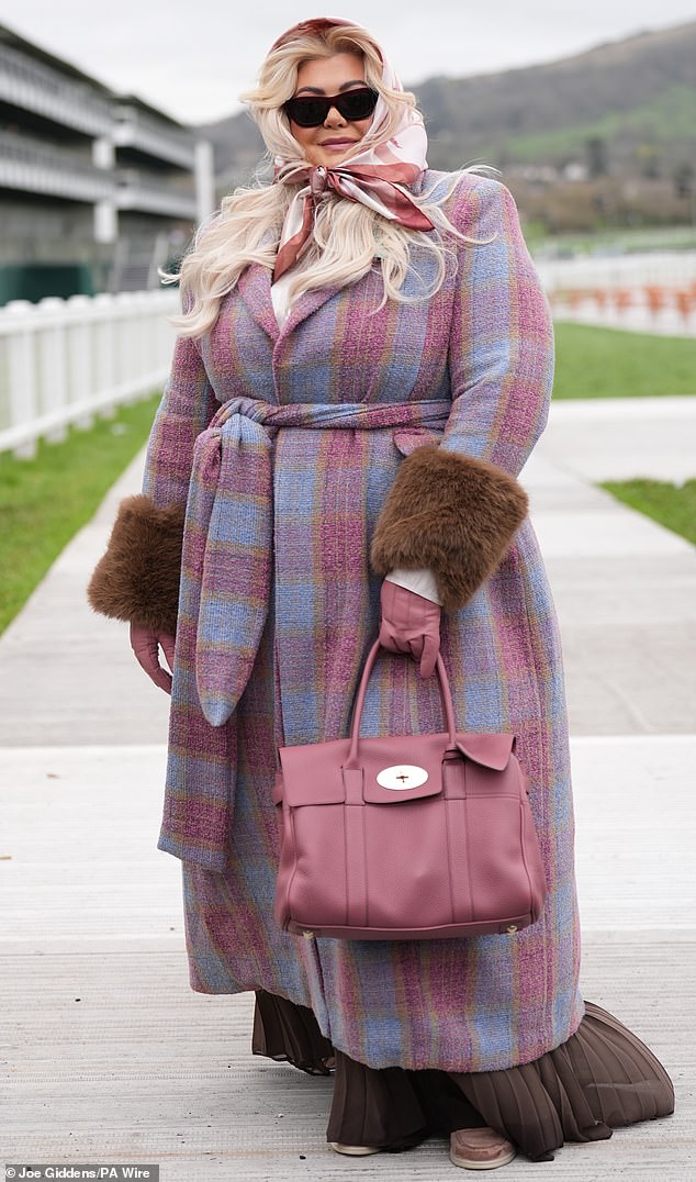 Gemma Collins went for all-out glamour in a checked coat with a Mulberry bag and fur cuffs
