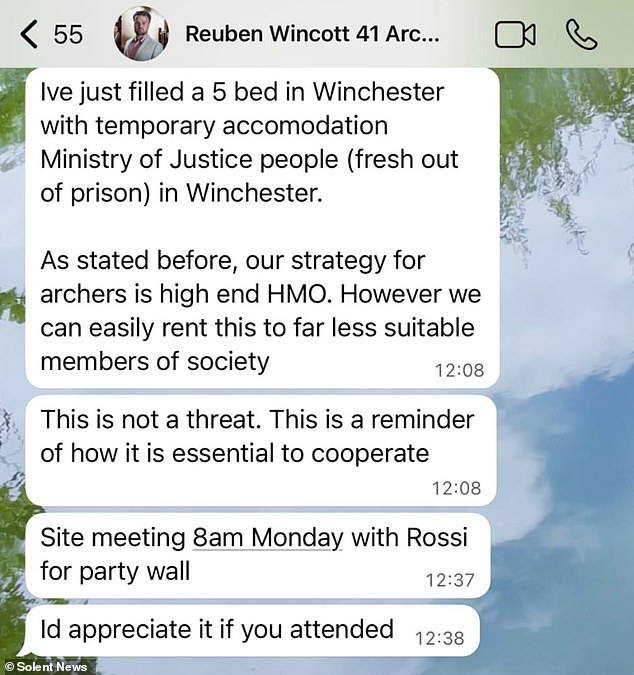 Screenshots shared by neighbours appear to show Mr Wincott threatening to fill the property with 'far less suitable members of society' instead of professionals