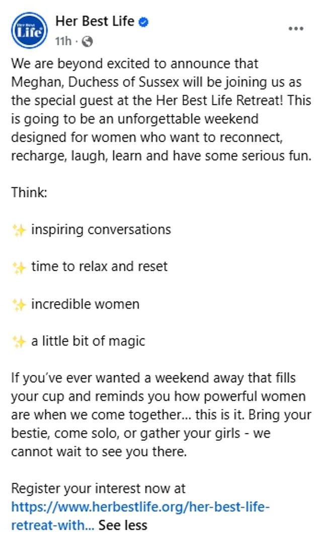 A post on social media from the retreat also announcing that Meghan will be involved