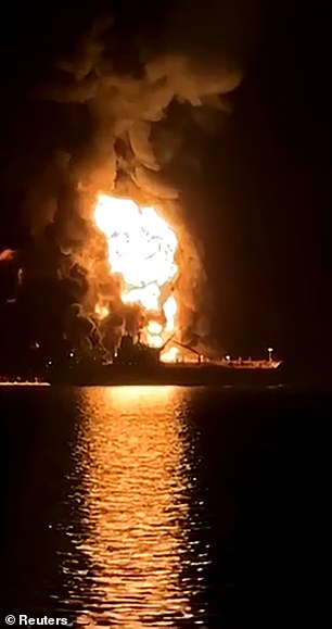 An oil tanker burning after an Iranian attack