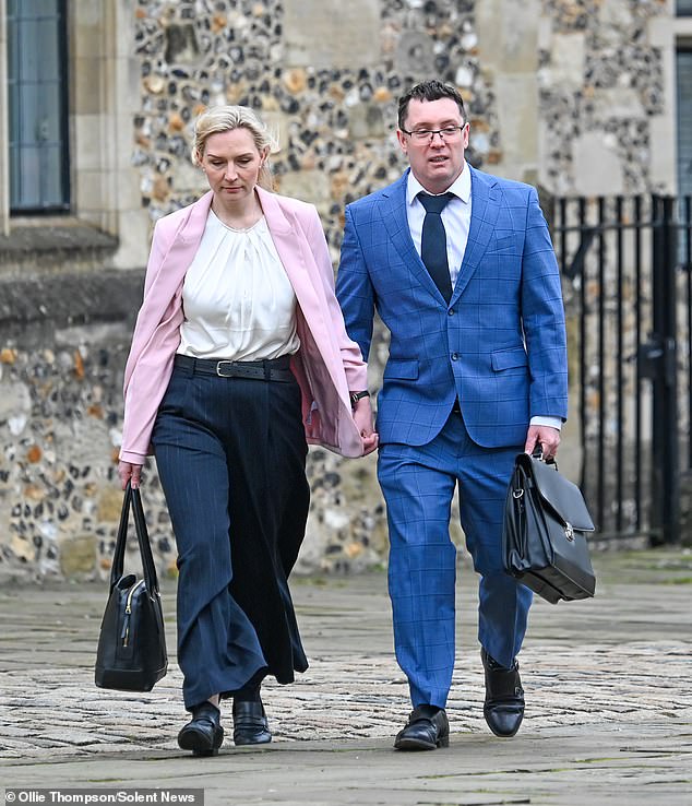 Christopher Trybus (right) is accused of driving his wife Tarryn Baird to suicide. He is seen outside court with his current wife Bea Trybus last month