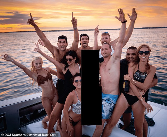 The brothers social media pages were awash with glamorous snaps on yachts and private jets (pictured: Tal Alexander, blue shorts, and identical twins Oren and Alon,back row)