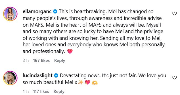 Ella Morgan and past MAFS contestant Lucinda Light took to the comments to share their condolences at the tragic news