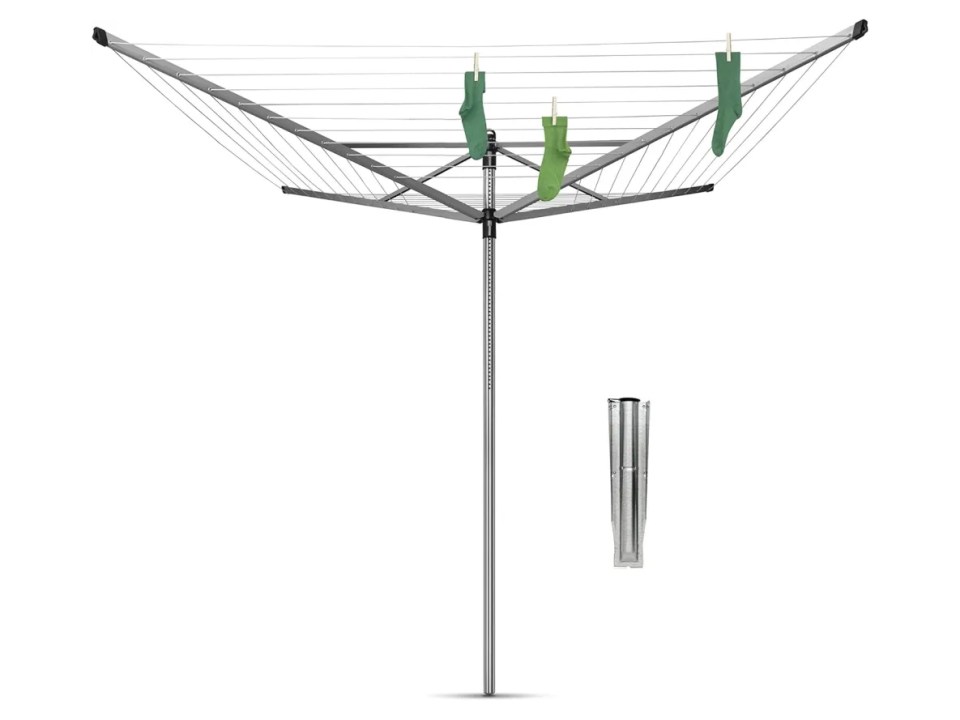 Illustration of a Brabantia Lift-O-Matic rotary clothesline with green socks hanging from it.
