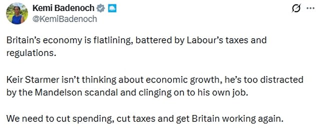 Kemi Badenoch said the economy had been 'battered by Labour's taxes and regulations'