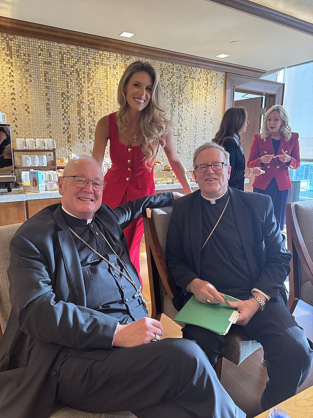 Carrie Prejean Boller with Bishop Robert Barron (right) and Cardinal Timothy Dolan. Trump's spiritual adviser Paula White (red jacket) stands in the background with another woman