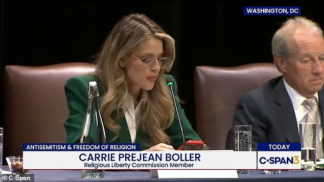 Carrie Prejean Boller was sacked from the Justice Department's Religious Liberty Commission after 'hijacking' a February 9 hearing to examine the rise of anti-Semitism