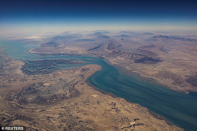 An aerial view of the Iranian shores and the island of Qeshm in the strait of Hormuz