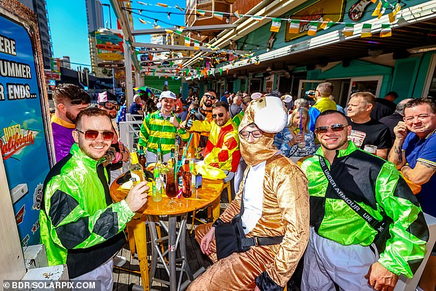 A group of Brits dressed as jockeys and a horse on the Benidrom strip. Cheltenham gives Benidorm a running start to St Patrick's Day (March 17) a typically hectic time in the area where tourists enjoy the holiday