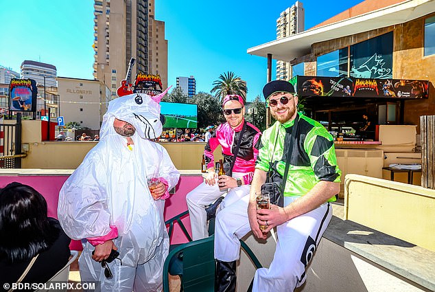 Brits enjoying a pint in the Spanish sun on the fourth day of the races. Entrance to bars on the strip is free, while a ticket for the day at races will cost between £47 and £180
