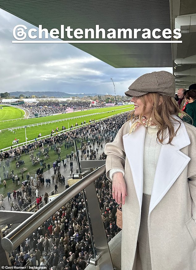 Styling her red locks in loose waves, Geri completed her races look with a chic tweed flat cap