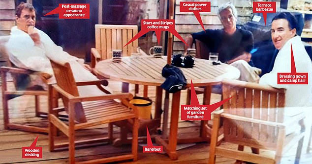 A graphic identifying key elements of the newly-uncovered picture of Epstein with Mandelson and the former Prince Andrew